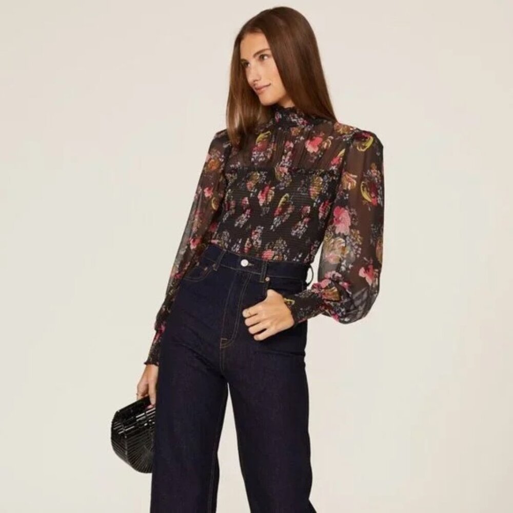 Cinq A Sept Women's Esmaralda 100% Silk Chiffon Black Floral Mock Neck Top Sz S - Picture 4 of 13
